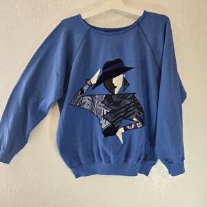Vintage Womens Sweatshirt Blue Applique Graphic Art Crewneck 80s 90s...